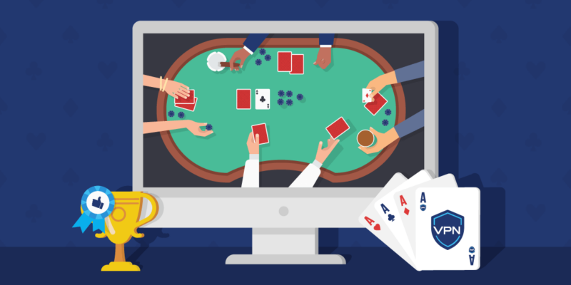 A computer screen showing several people playing a game of poker at a poker table, with a deck of cards and a trophy in the foreground