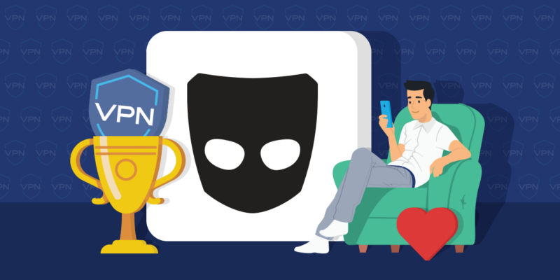 VPN shield icon inside of a trophy, Grindr logo in a white square, man with smartphone sitting in a chair, heart icon