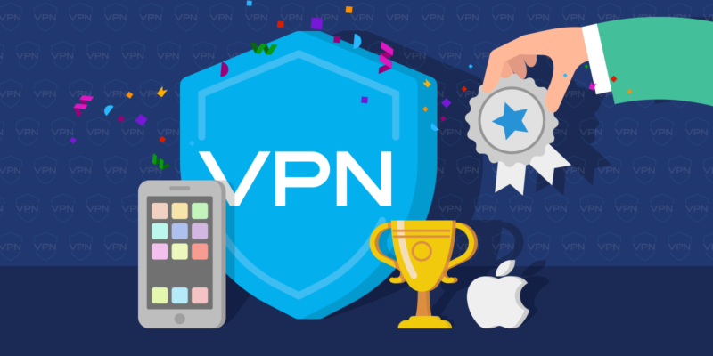 Apple logo, iPhone, Trophy and a VPN Shield next to a hand placing a ribbon