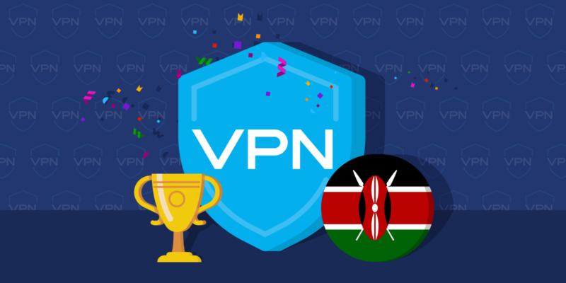 Trophy, VPN shield icon, confetti and Kenya circle flag on a dark background