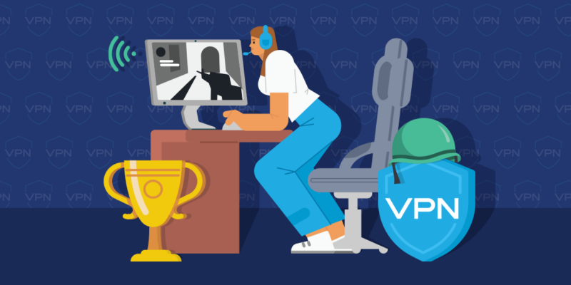 A stylized image of a person playing CoD with a VPN logo next to them