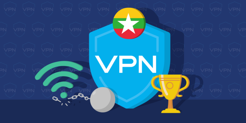 Prison ball with broken chain, internet icon, VPN shield icon with Myanmar circle flag on top of it and a truphy