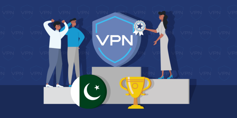 People cheering, VPN shield icon standing on a winner stand, Pakistan circle flag, trophy and a woman holding a winner badge