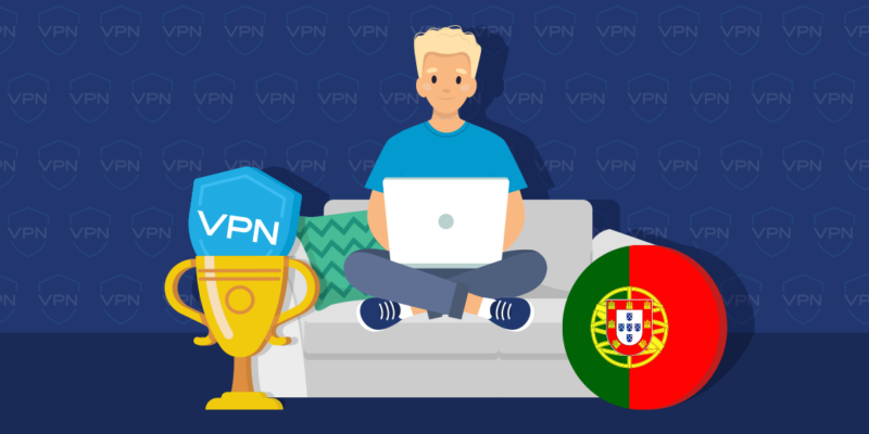 A person sitting on their computer with portugal's flag and a VPN logo in the background