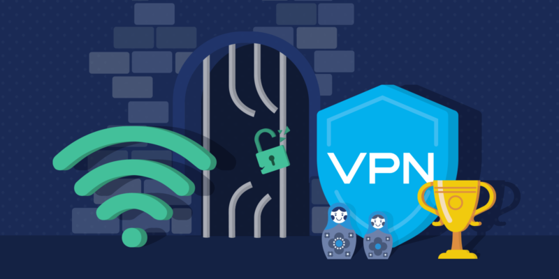 Wi-Fi icon broke out of the jail cell, VPN shield icon with Babushka dolls and trophy next to it on a dark background