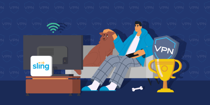 A graphic image of a man and a dog on a couch, watching TV with the Sling TV logo on it.