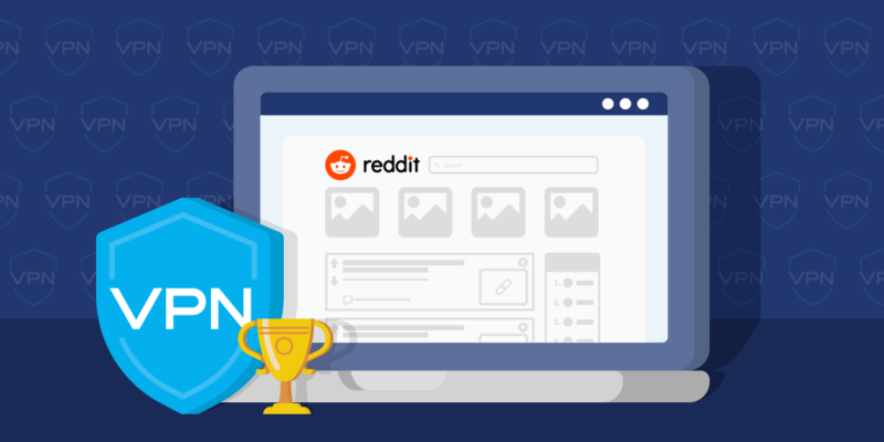 VPN shield icon, trophy and laptop with Reddit website on the screen, on a dark background