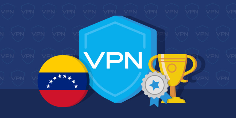 Venezuela circle flag, VPN shield icon, best VPN pin icon and a trophy on a dark background