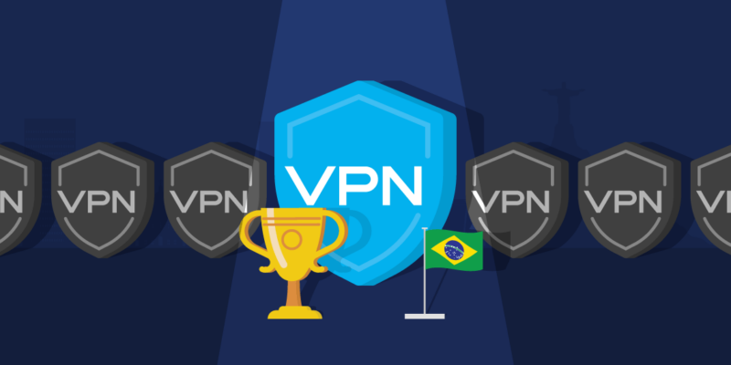 Spotlight being shone on a VPN shield next to a trophy and the Brazilian Flag with multiple VPN shields in the background