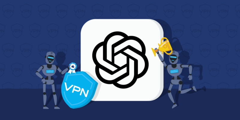 VPN shield next to the ChatGPT logo surrounded by robots holding awards to symbolize the best VPN for ChatGPT