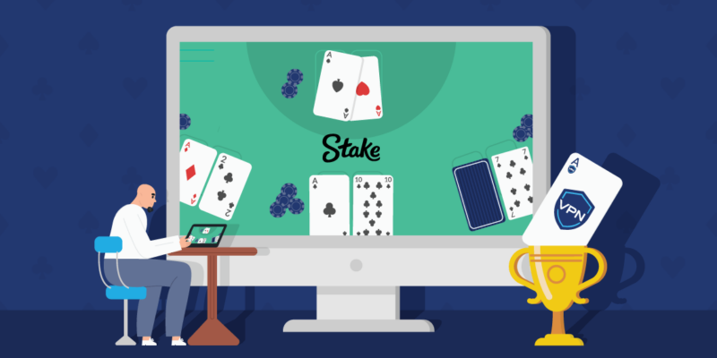 Stake Casino logo on a blackjack table on a screen next to a person with a laptop and a trophy with a VPN shield playing card sticking out