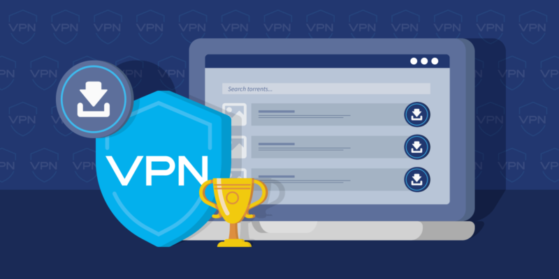 Download icon, VPN shield icon, trophy and laptop with torrent website mockup on a dark background