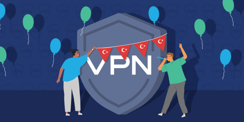 Balloons surrounding two people celebrating a VPN shield whilst putting a bunting with the Turkish flag around it