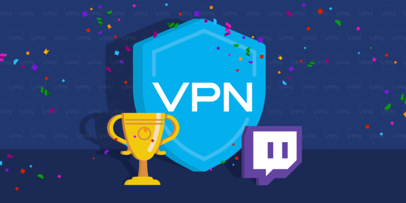 VPN shield icon, trophy and Twitch app logo with confetti falling around