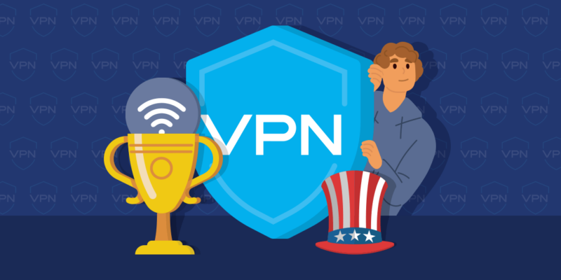 An image of someone holding a VPN behind an American hat and a trophy