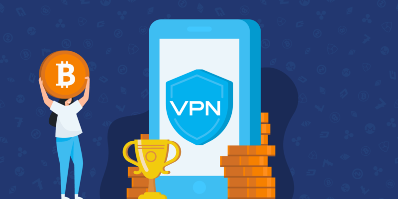 VPN on smartphone surrounded by cryptocurrencies and a woman holding up Bitcoin