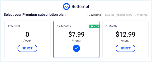 Screenshot of Betternet App, Pricing plans