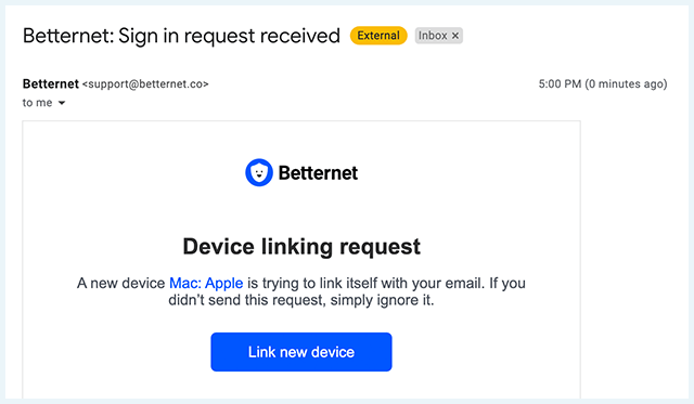 Screenshot of Betternet App, Device Linking email