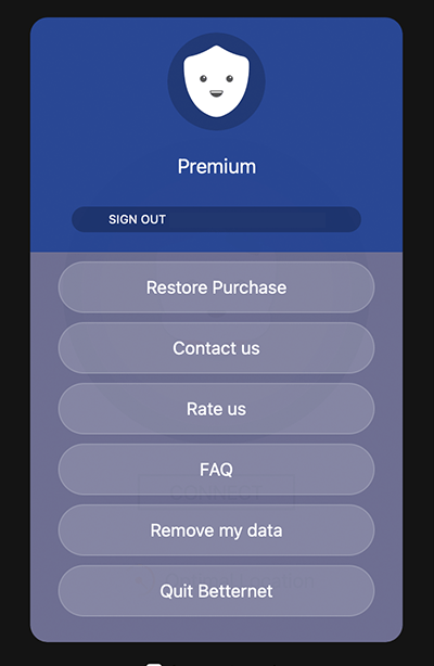 Screenshot of Betternet App, Options