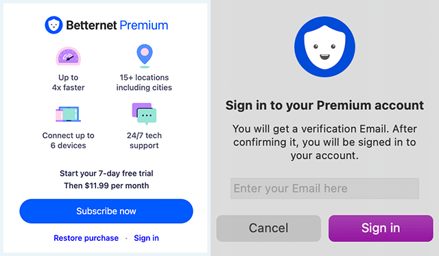 Screenshot of Betternet App, Premium sign in and sign in