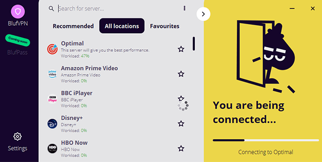 Screenshot of BlufVPN App, Connecting to the server