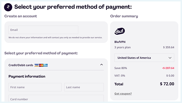 Screenshot of BlufVPN App, method of payment page