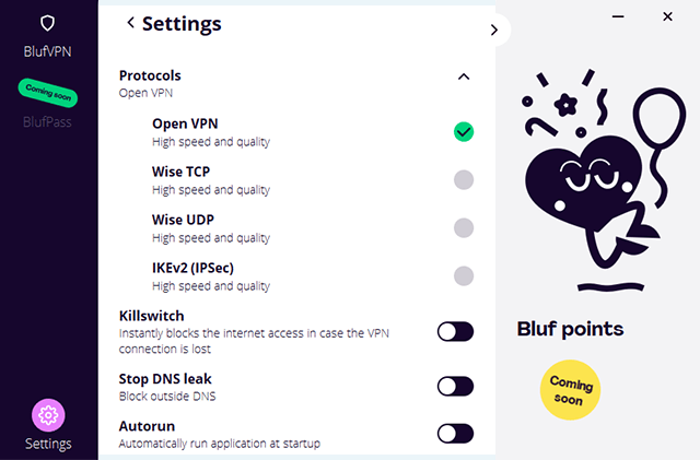 Screenshot of BlufVPN App, protocols window