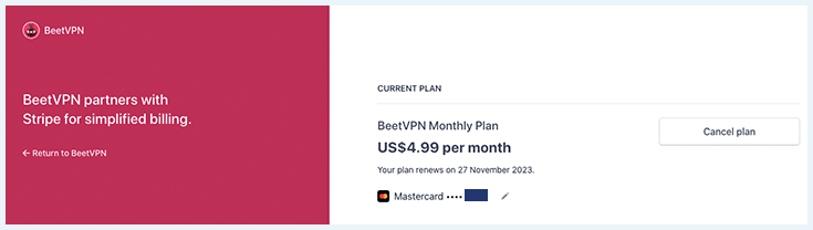 Screenshot shows the option to cancel a BeetVPN subscription