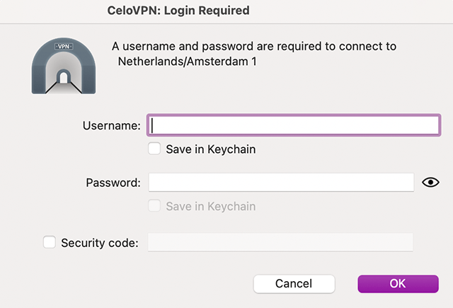 Screenshot of CeloVPN app, Login