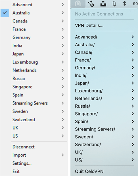 Screenshot of CeloVPN app, VPN Windows and VPN macOS