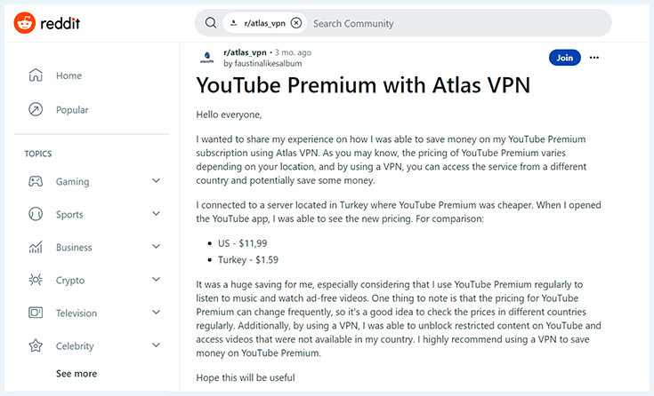 Screenshot of Reddit, cheap YouTube deal