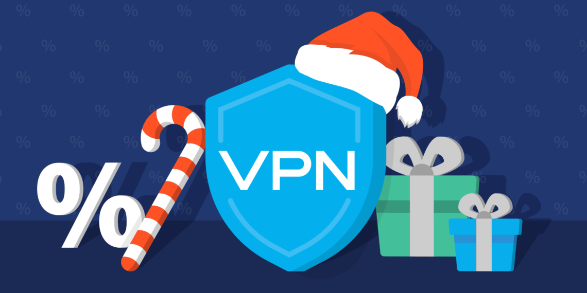 VPN shield icon with Santa Clause hat and a Christmas candy cane with gifts around