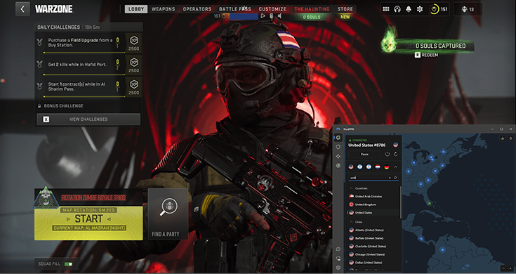 A screenshot of CoD: Warzone with NordVPN running in the background