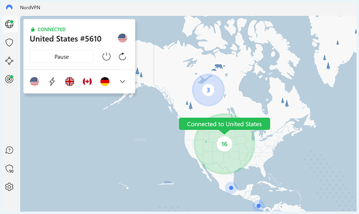 NordVPN interface, client connected to US server