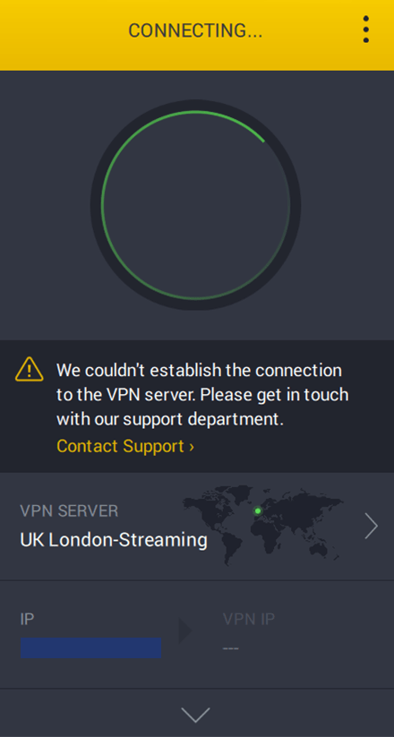 Screenshot of PIA, connection problem