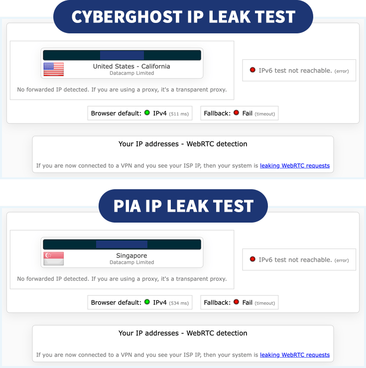 Screenshots showing PIA and CyberGhost VPN IP leak test results