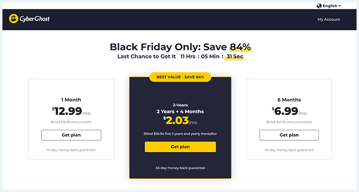 A screenshot of CyberGhost's Black Friday Deals.