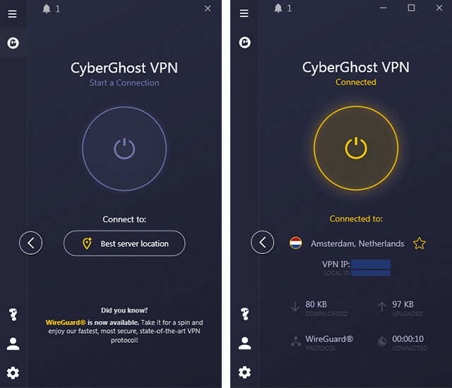 Screenshot of CyberGhost, client disconnected and client connected