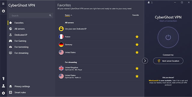 Screenshot of CyberGhost, client open