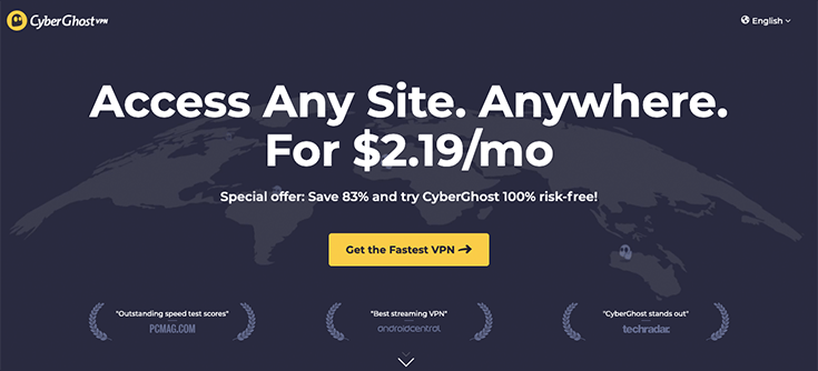 CyberGhost's website homepage with a discount deal and pricing