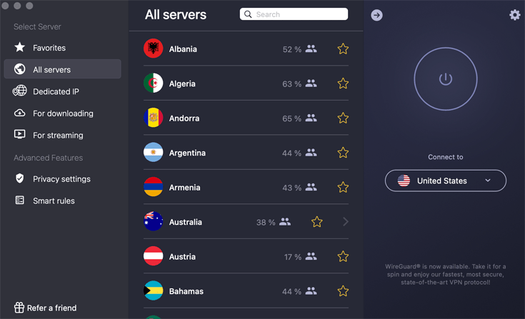 Screenshot showing the home screen of the CyberGhost VPN app on macOS