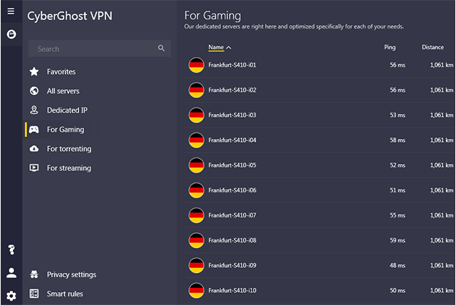 Screenshot of CyberGhost, gaming servers