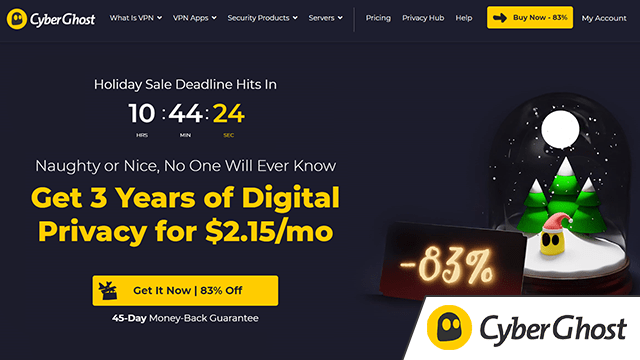 Screenshot of CyberGhost VPN provider website homepage