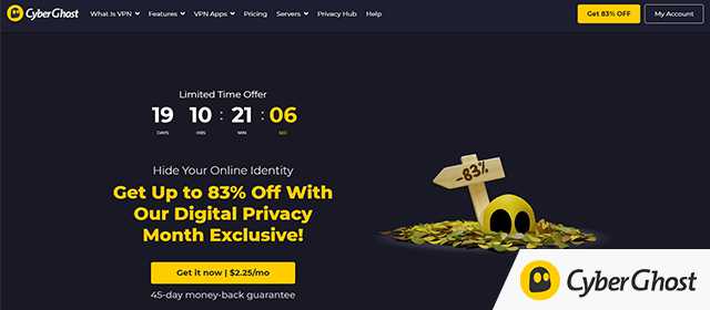 CyberGhost VPN homepage horizontal screenshot with logo