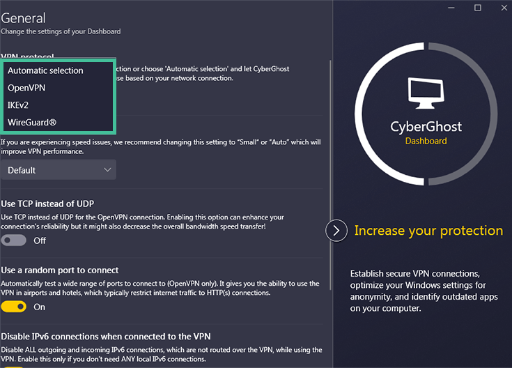 Screenshot of Cyberghost, protocols