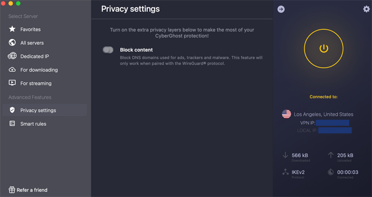 Screenshot showing CyberGhost VPN privacy settings on macOS