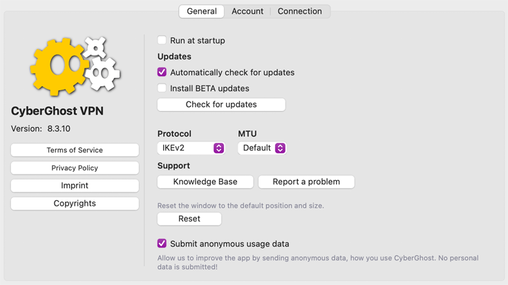 Screenshot showing VPN protocols in the CyberGhost macOS app