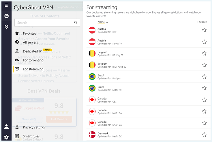 Screenshot of CyberGhost, optimized servers for streaming