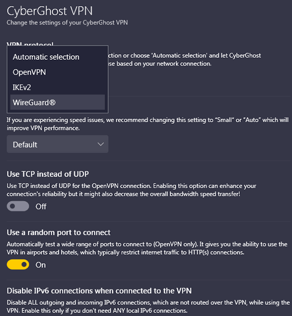 Screenshot of CyberGhost, protocols