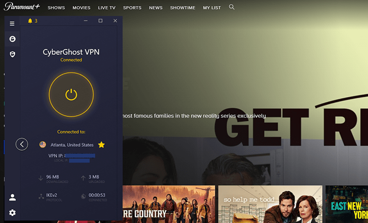 Screenshot of Paramount Plus unblocked with CyberGhost VPN